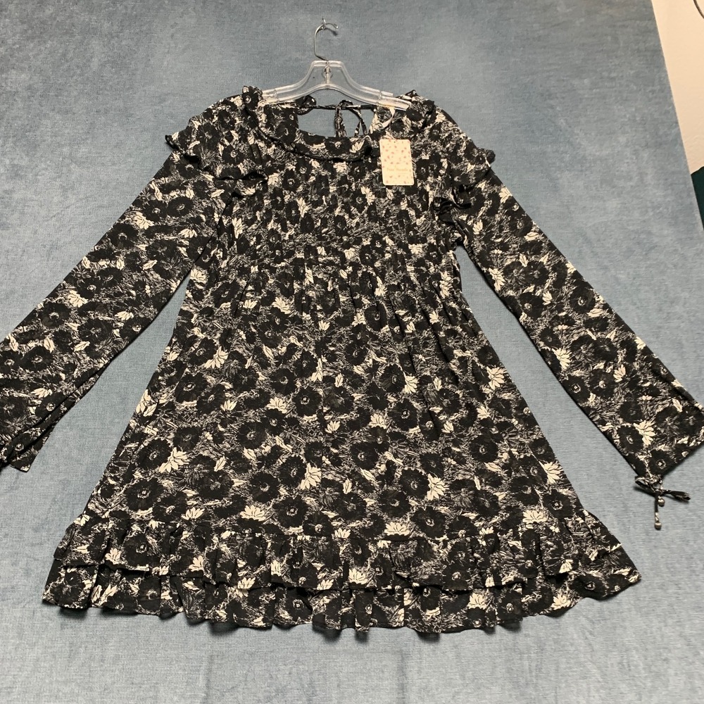 Free People Mini‎ Fit & Flare Dress Womens XS Black Floral Ruffle Long Sleeve